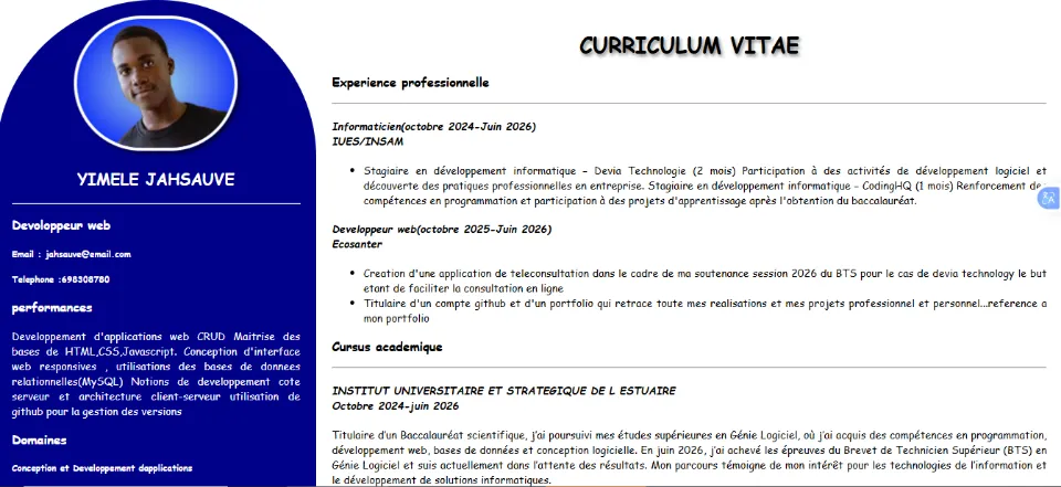 Aperçu de mon CV en ligne